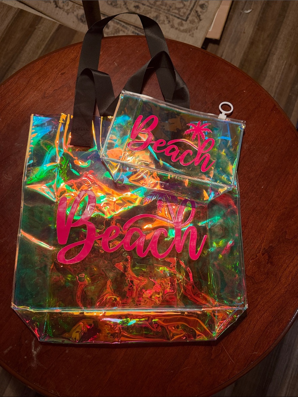 SHEIN Holographic Iridescent Tote and Pouch with Pink 'Beach' Script